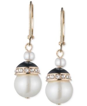 Anne Klein Gold-tone Imitation Pearl Pave And Jet Drop Earrings