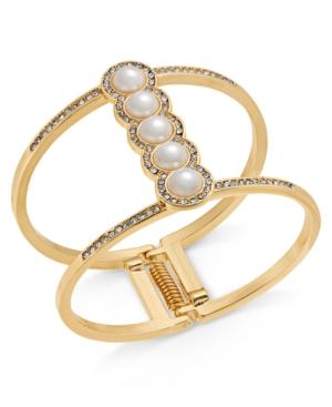 I.n.c. Rose Gold-tone Pave & Imitation Pearl Open Hinged Cuff Bracelet, Created For Macy's