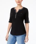 Karen Scott Cotton Roll-tab-sleeve Henley, Created For Macy's