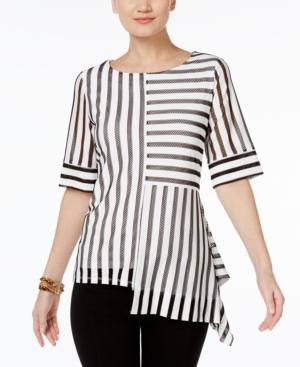 Alfani Petite Striped Mesh Asymmetrical Top, Only At Macy's
