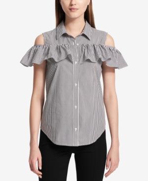 Calvin Klein Striped Cold-shoulder Blouse