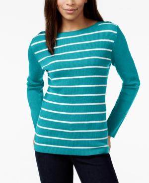 Karen Scott Petite Striped Grommet-trim Sweater, Only At Macy's