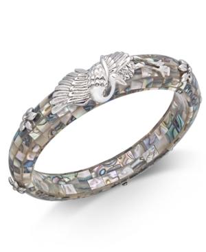 Abalone Shell Mosaic Bird & Flower Bangle Bracelet In Sterling Silver