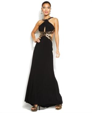 Betsy & Adam Bead-trim Cutout Halter Gown