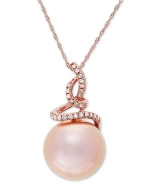 Honora Pink Cultured Ming Pearl (13mm) & Diamond (1/8 Ct. T.w.) 18 Pendant Necklace In 14k Rose Gold