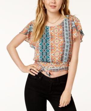 Bcx Juniors' Printed Flutter-sleeved Crop Top