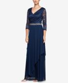 Alex Evenings Belted & Draped Lace Gown