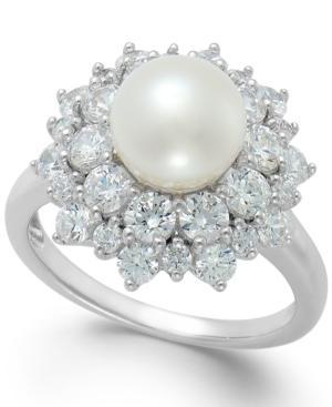 Arabella Cultured Freshwater Pearl (8mm) And Swarovski Zirconia Ring In Sterling Silver
