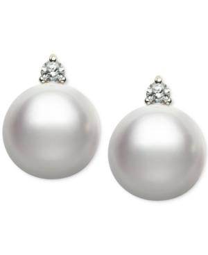 Cultured Freshwater Pearl (10mm) And Diamond (1/5 Ct. T.w.) Earrings In 14k Gold