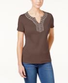 Karen Scott Cotton Split-neck Studded Top, Only At Macy's