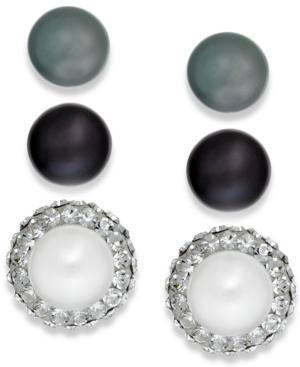 Honora Style Cultured Freshwater Pearl (8mm) And Crystal Stud Earring Trio In Sterling Silver