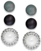 Honora Style Cultured Freshwater Pearl (8mm) And Crystal Stud Earring Trio In Sterling Silver