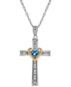 Blue Topaz (1/4 Ct. T.w.) And Diamond Accent Cross Pendant Necklace In Sterling Silver And 14k Gold