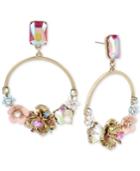 Betsey Johnson Gold-tone Multi-stone & Flower Drop Hoop Earrings