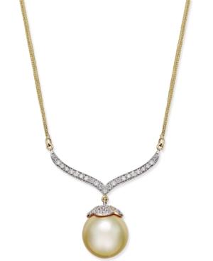Cultured Golden South Sea Pearl (12mm) And Diamond (3/8 Ct. T.w.) Pendant Necklace In 14k Gold
