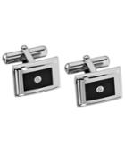 Stainless Steel Cuff Links, Diamond Accent And Black Enamel Cuff Links