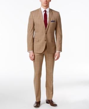Nick Graham Men's Extra-slim Fit Tan Windowpane Suit