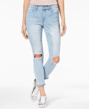 Indigo Rein Juniors' Jeweled Raw-edged Skinny Ankle Jeans