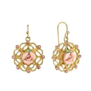 2028 Gold-tone Pink Porcelain Rose With Pink Accent Filigree Drop Earrings
