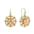 2028 Gold-tone Pink Porcelain Rose With Pink Accent Filigree Drop Earrings