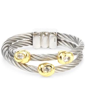 Charriol White Topaz Accent Double Cable Ring In Stainless Steel And 18k Gold-plated Sterling Silver
