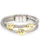 Charriol White Topaz Accent Double Cable Ring In Stainless Steel And 18k Gold-plated Sterling Silver