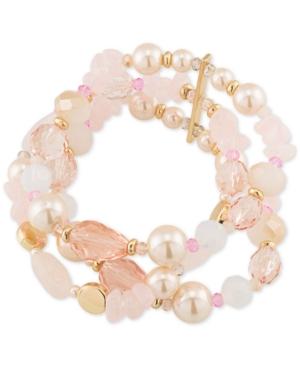 Carolee Gold-tone Imitation Pearl And Rose Quartz Multi-row Stretch Bracelet