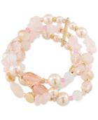 Carolee Gold-tone Imitation Pearl And Rose Quartz Multi-row Stretch Bracelet