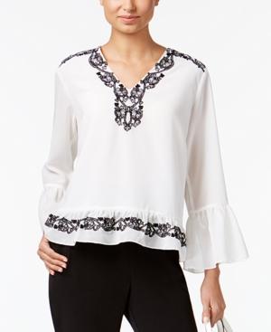 Chelsea And Theodore Embroidered Bell-sleeve Blouse