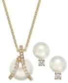 Charter Club Gold-tone Imitation Pearl And Crystal Pendant Necklace And Stud Earrings