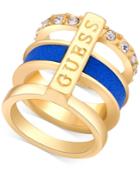 Guess Gold-tone Three-layer Logo Blue And Crystal Band Statement Ring