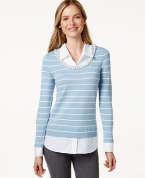 Charter Club Striped Faux Pearl-collar Sweater, Only At Macy's