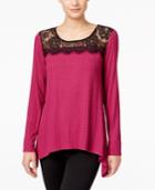 Ny Collection Petite Lace-neck Handkerchief-hem Top