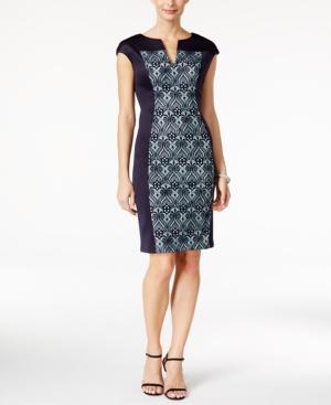 Connected Petite Printed Colorblocked Scuba Sheath Dress