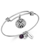 Unwritten Sisters Charm And Amethyst (8mm) Bangle Bracelet In Silver-plated Stainless Steel