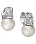 Belle De Mer 14k White Gold Earrings, Cultured Freshwater Pearl (9mm) And Diamond (1/5 Ct. T.w.) Wave Stud Earrings