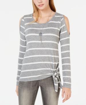 Bcx Juniors' Striped Tie-hem Cold-shoulder Sweater