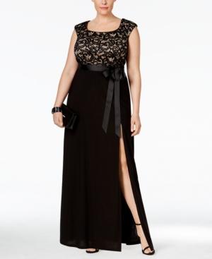 R & M Richards Plus Size Cap-sleeve Lace Bodice Gown