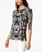 Jm Collection Printed Lattice-sleeve Top, Created For Macy's