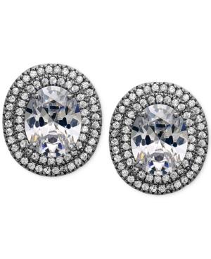 Nina Silver-tone Oval Crystal Pave Halo Disc Stud Earrings