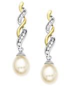 14k Gold And Sterling Silver Earrings, Cultured Freshwater Pearl And Diamond Accent