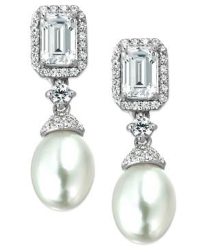 Arabella Bridal Cultured Freshwater Pearl (7mm) And Swarovski Zirconia (3-1/6 Ct. T.w.) Earrings In Sterling Silver