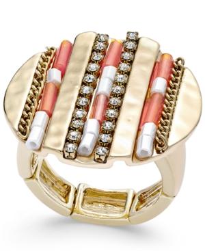 Thalia Sodi Gold-tone Beaded And Pave Hammered Disc Stretch Ring, Only At Macy's