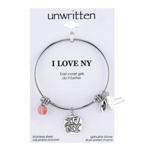 Unwritten I Love Ny Charm And Cherry Quartz (8mm) Bangle Bracelet In Stainless Steel