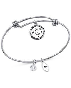 Unwritten Crystal Accented Moon Charm Adjustable Bangle Bracelet In Stainless Steel