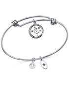 Unwritten Crystal Accented Moon Charm Adjustable Bangle Bracelet In Stainless Steel