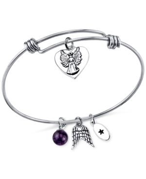 Unwritten Angel Charm And Amethyst (8mm) Bangle Bracelet In Stainless Steel