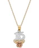 Tricolor Quinceanera 15 Rose 16 Pendant Necklace In 14k Gold, Rose Gold & Rhodium Plate