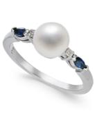 Cultured Freshwater Pearl (7mm), Sapphire (1/4 Ct. T.w.) & Diamond Accent Ring In 14k White Gold