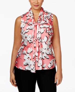 Nine West Plus Size Printed Satin Tie-neck Top